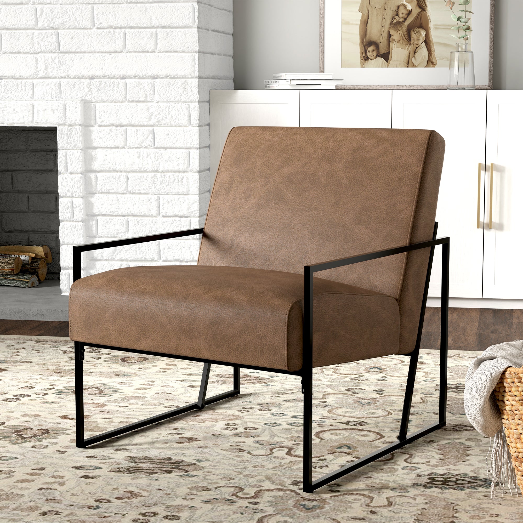 Modern Industrial Upholstered Accent Chair – Slanted Metal Base