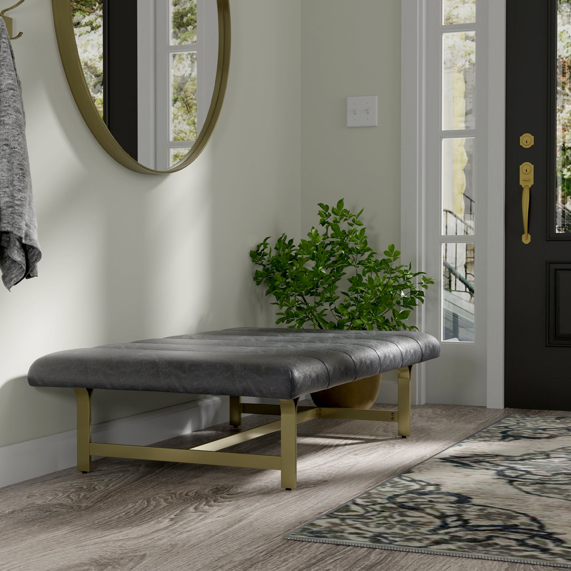 A Upholstered Leather Coffee Table with Metal Base