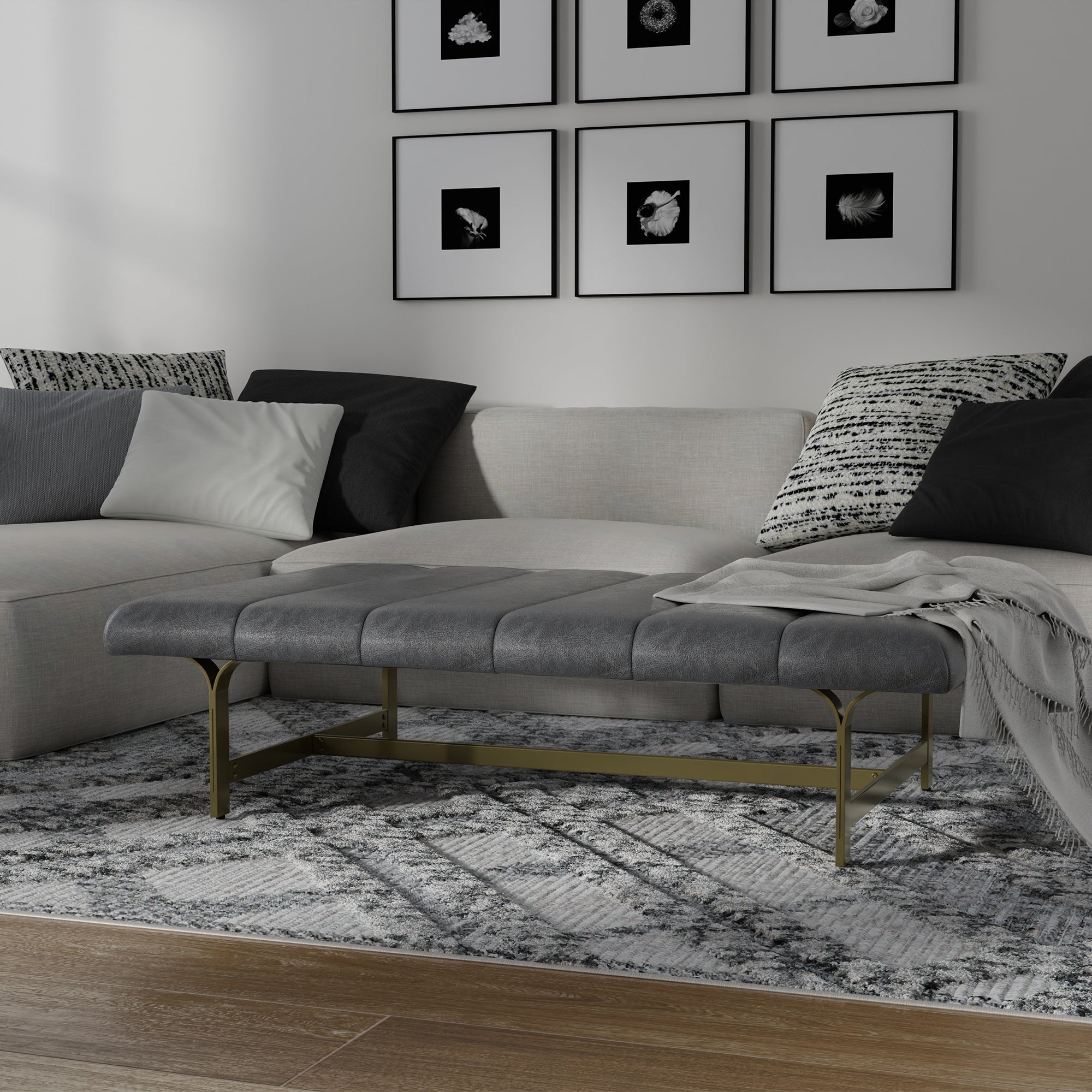 eLuxury Studio A Upholstered Vegan Leather Coffee Table with Metal Base Lead