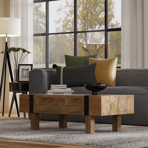 Industrial Wood Coffee Table with Drawer